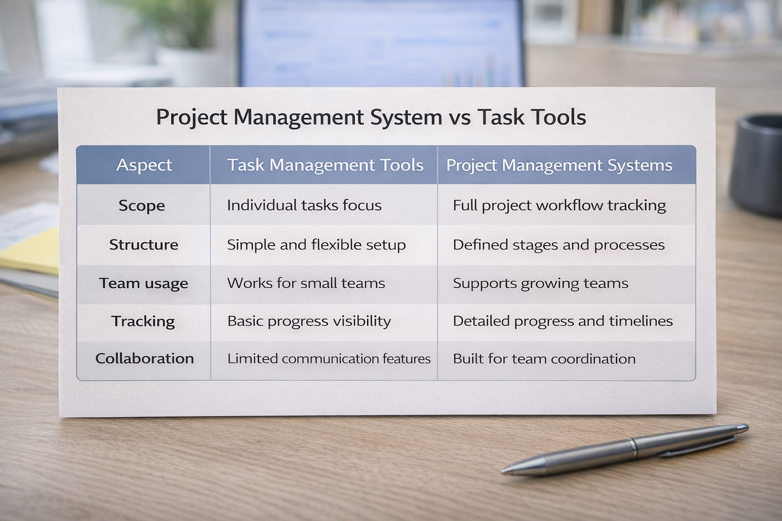 Task Tools vs Project Management Systems Comparison Task tools vs project management systems comparison table