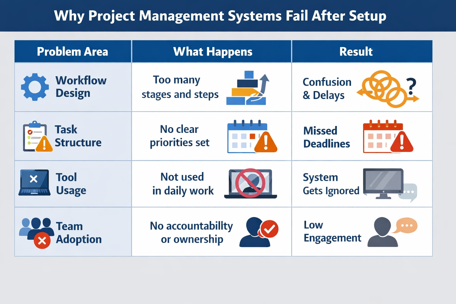 Why Project Management Systems Fail After Setup Infographic Infographic showing why project management systems fail after setup, including workflow complexity, unclear tasks, poor tool usage, and low team adoption