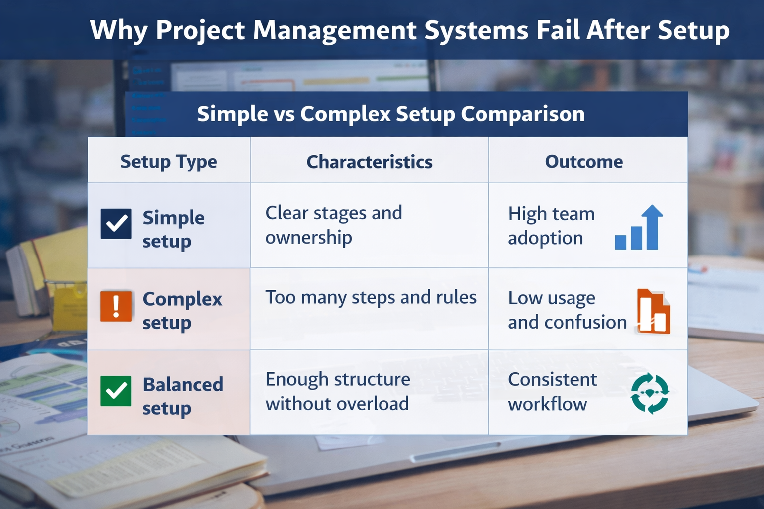 Simple vs Complex Project Management Setup Comparison Simple vs complex project management setup comparison showing adoption and usage differences