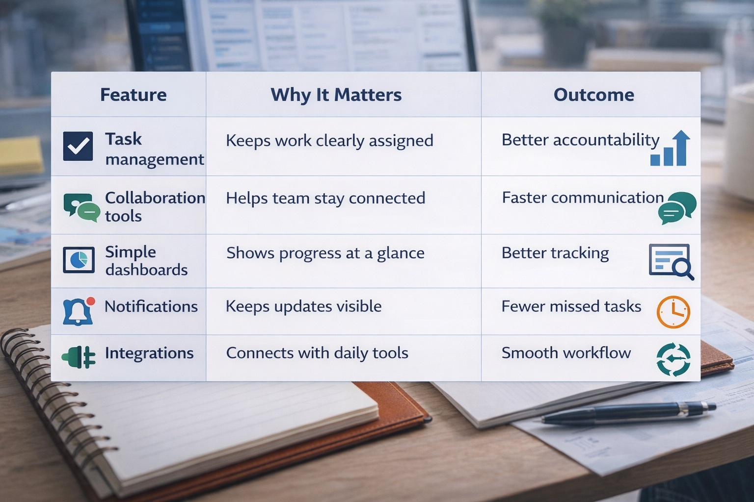 comparison table showing task management, collaboration, dashboards, notifications, and integrations with their impact on team workflow and productivity