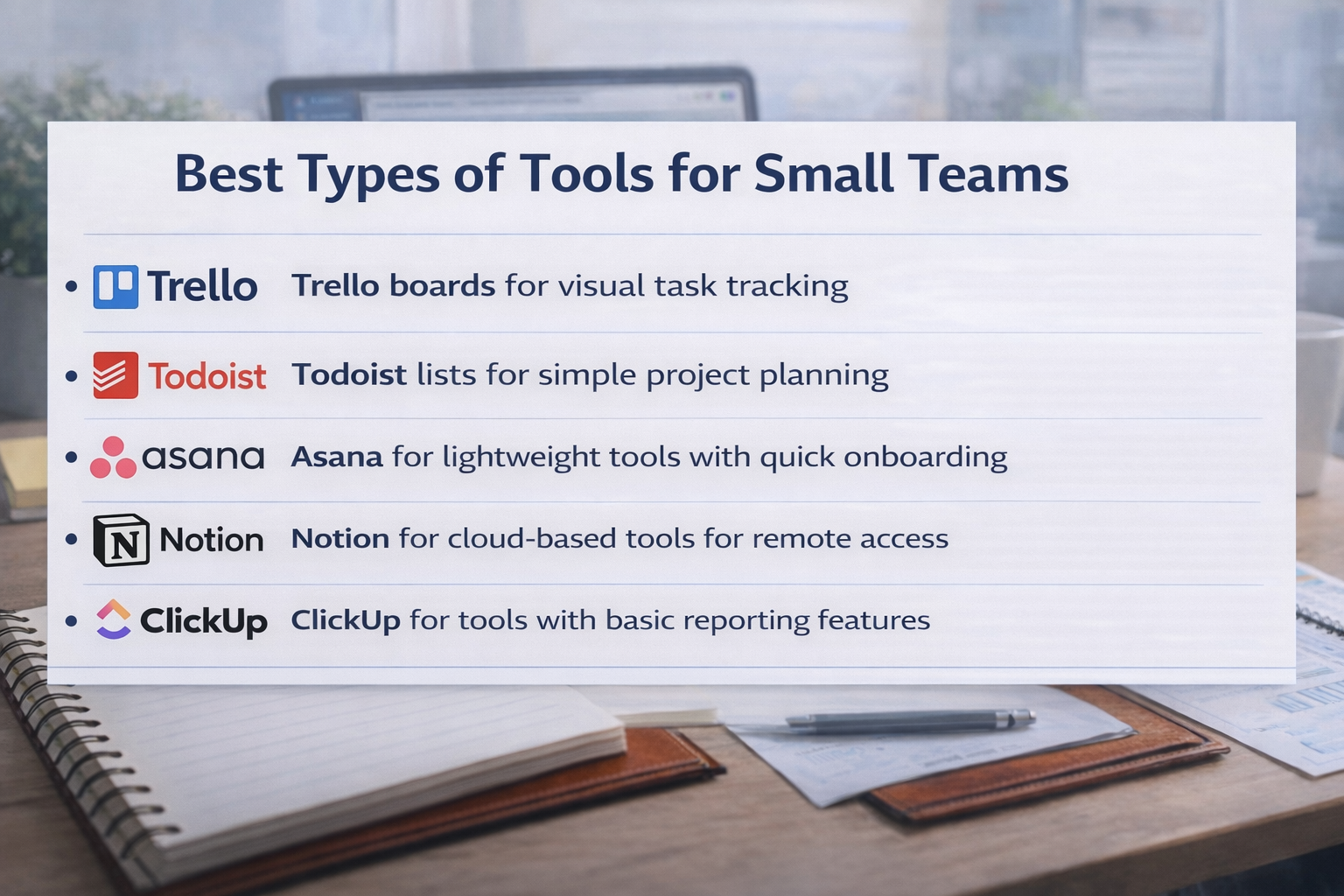 Project management tools for small teams including Trello, Todoist, Asana, Notion, and ClickUp