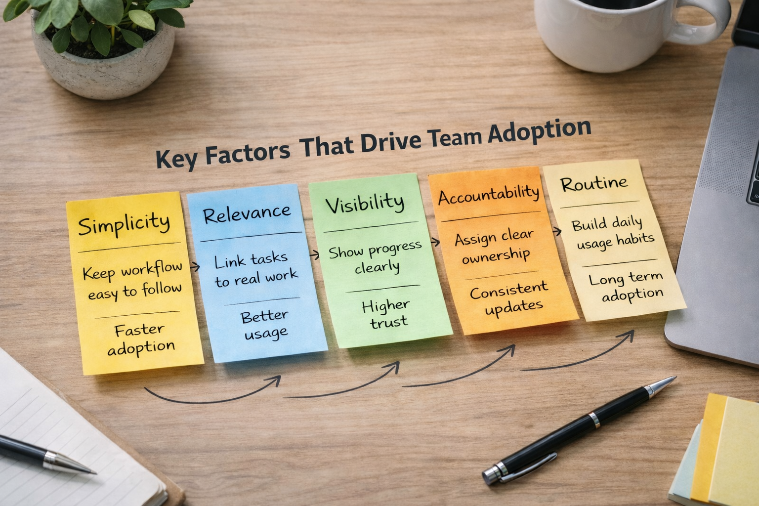 Key Factors That Drive Team Adoption Sticky notes showing key factors driving team adoption workflow