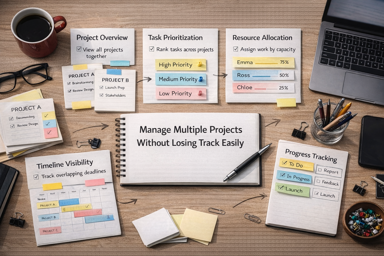 Manage Multiple Projects Without Losing Track Easily Organized workspace showing key elements for managing multiple projects