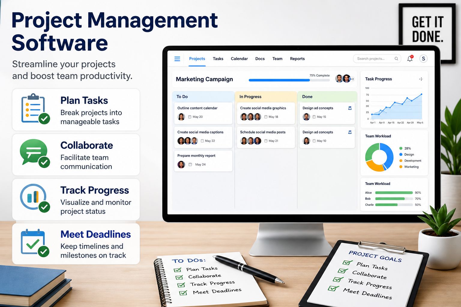 project management software dashboard with task tracking, team collaboration, and workflow management